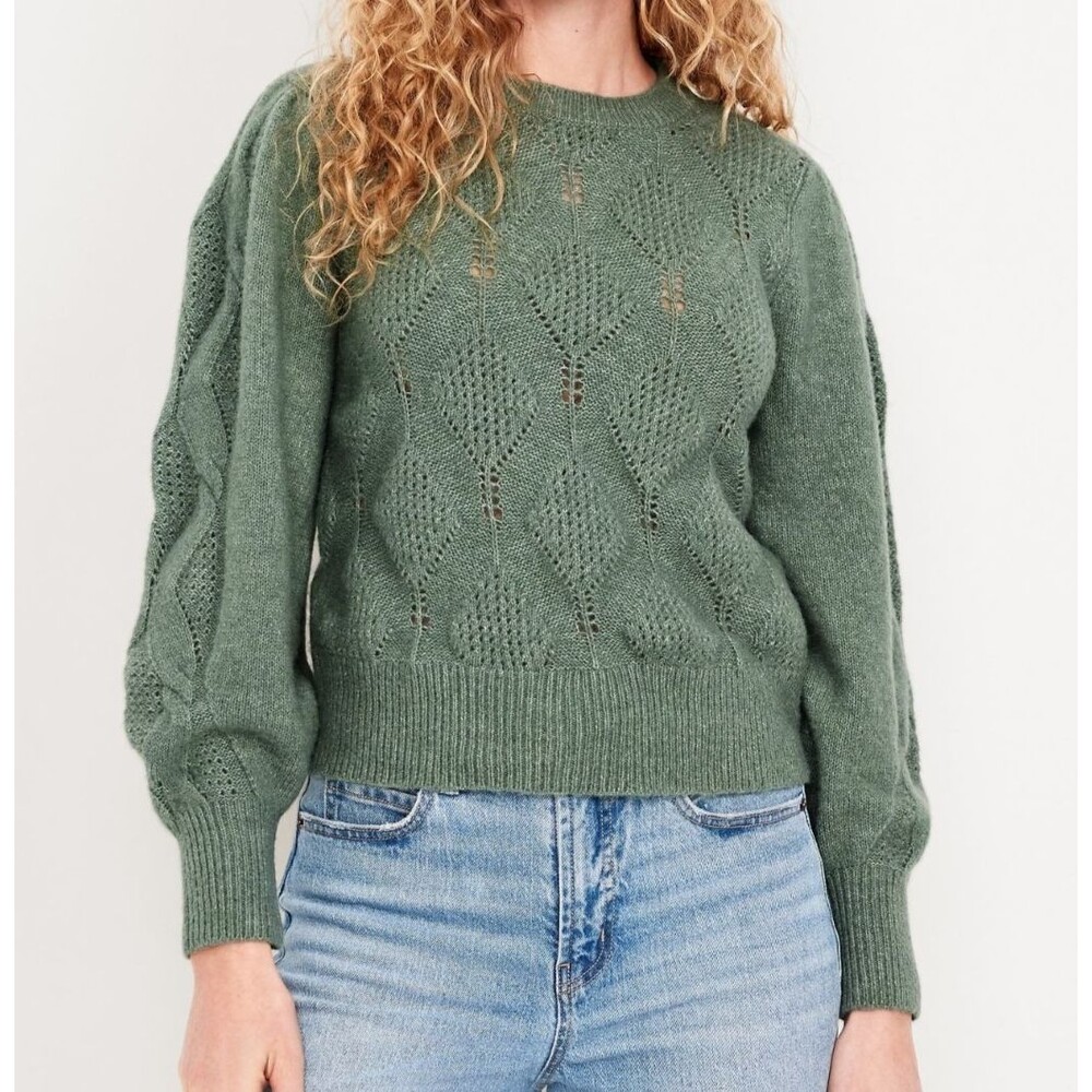 Old Navy Pointelle Sweater L Balloon Sleeves Open Knit Cozy Softgirl Fairy